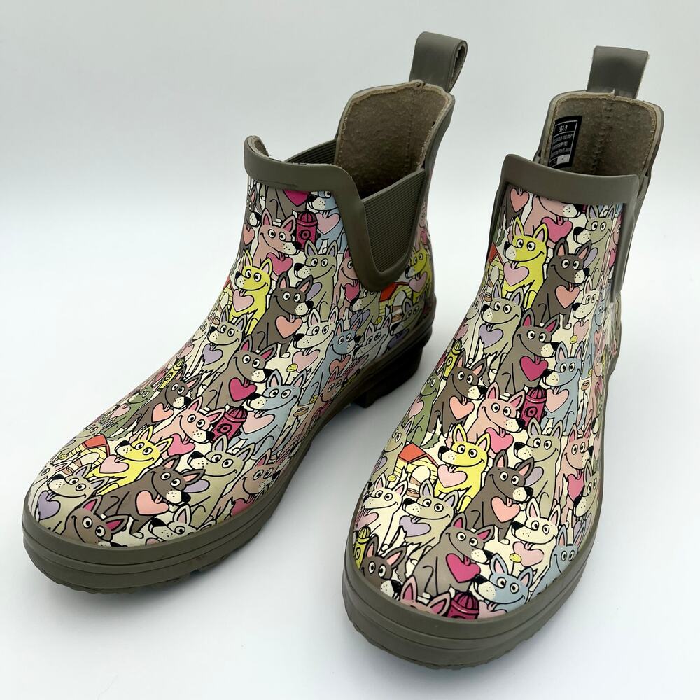 BOBS by Skechers Dog Print Rain Boots Womens 8 Ankle Chelsea Wellies Multicolor